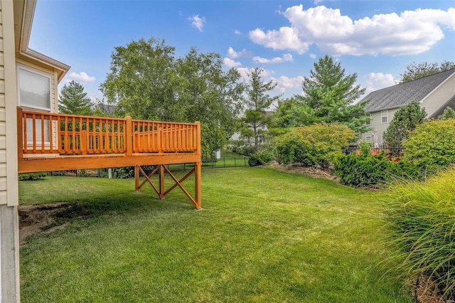 view of yard with fence and a wooden deck