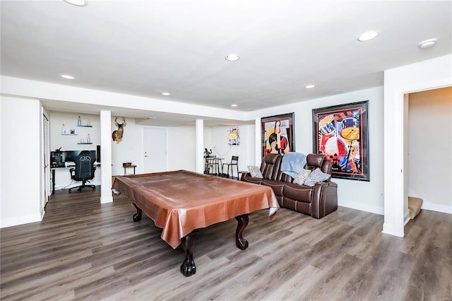 playroom with baseboards, pool table, wood finished floors, and recessed lighting