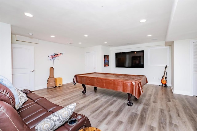 game room featuring light wood-type flooring, pool table, baseboards, and recessed lighting