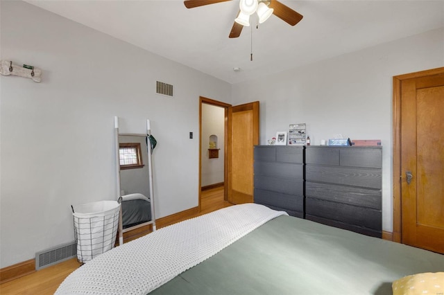 bedroom featuring light wood-type flooring, baseboards, and visible vents