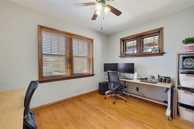 office with light wood finished floors, ceiling fan, and baseboards