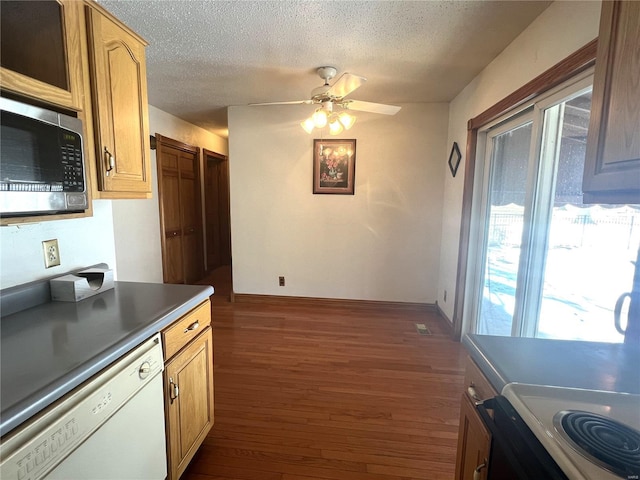 kitchen with dark wood-style floors, white dishwasher, stainless steel microwave, and a textured ceiling