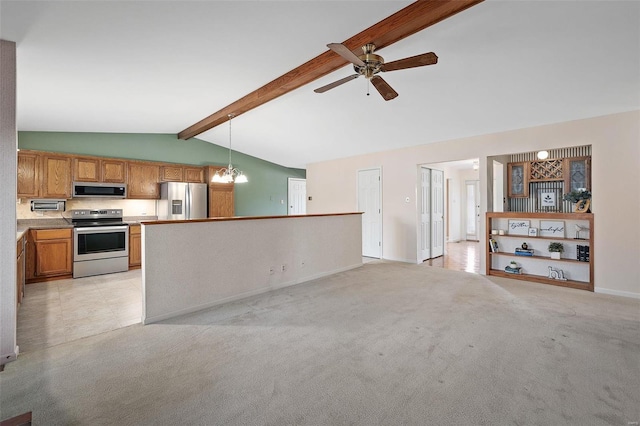 kitchen with vaulted ceiling with beams, decorative light fixtures, light carpet, brown cabinets, and appliances with stainless steel finishes