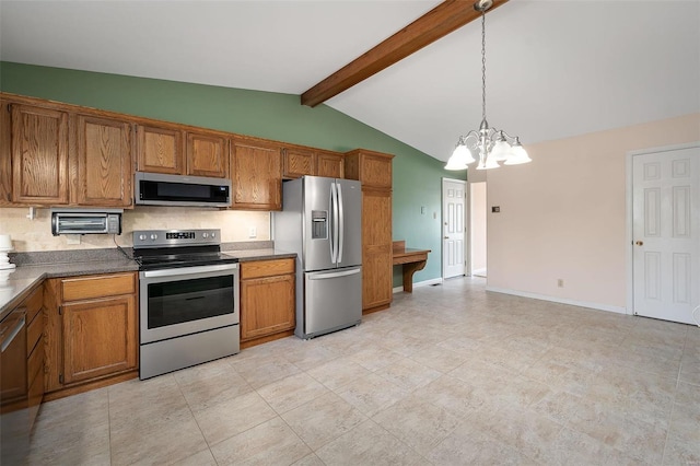 kitchen featuring brown cabinets, stainless steel appliances, an inviting chandelier, vaulted ceiling with beams, and hanging light fixtures