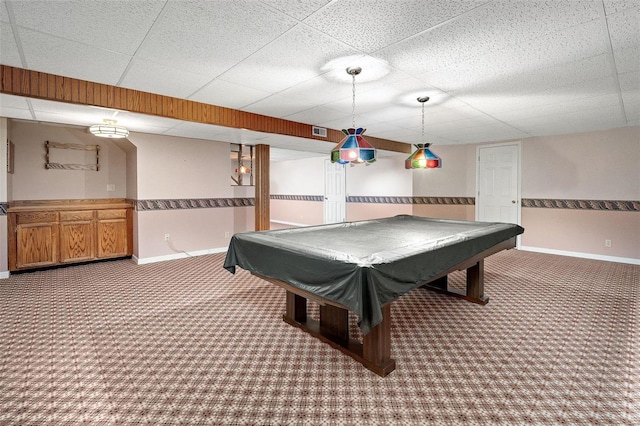 recreation room with pool table, baseboards, a paneled ceiling, and carpet