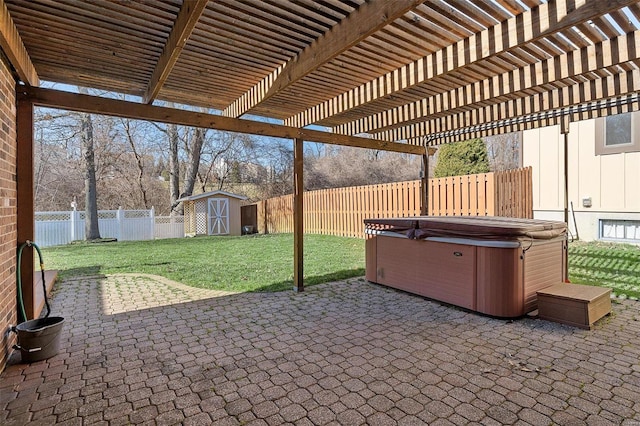 view of patio featuring a pergola, a fenced backyard, a shed, an outdoor structure, and a hot tub