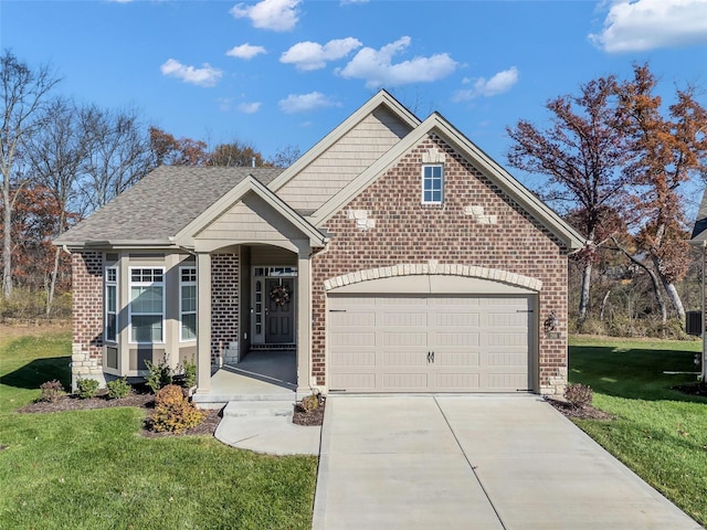 view of front of property with brick siding, a shingled roof, concrete driveway, an attached garage, and a front lawn