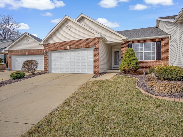 ranch-style home with an attached garage, brick siding, driveway, roof with shingles, and a front yard