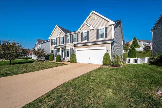 view of front of property with a garage, a front yard, concrete driveway, and fence