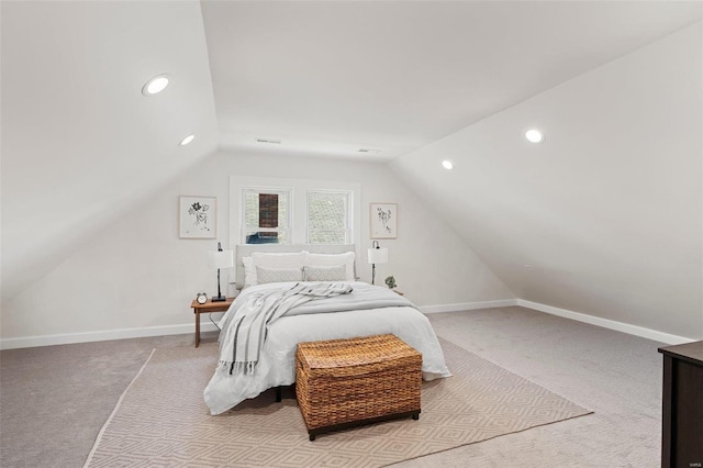 bedroom with visible vents, baseboards, light colored carpet, vaulted ceiling, and recessed lighting