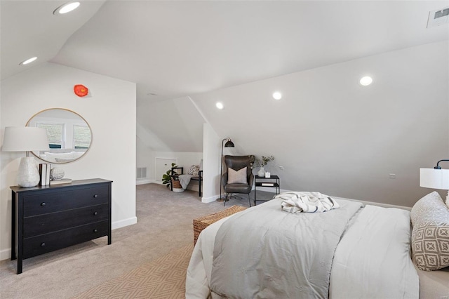 carpeted bedroom featuring visible vents, recessed lighting, baseboards, and lofted ceiling