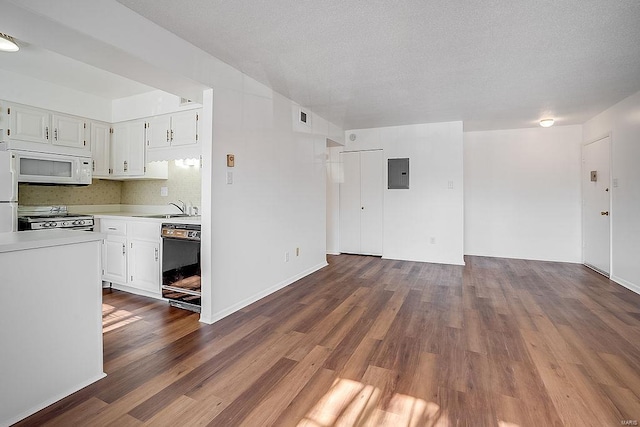 unfurnished living room with baseboards, electric panel, dark wood-style floors, a textured ceiling, and a sink