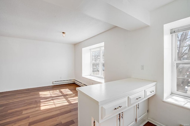 kitchen featuring a wealth of natural light, a peninsula, wood finished floors, and white cabinetry