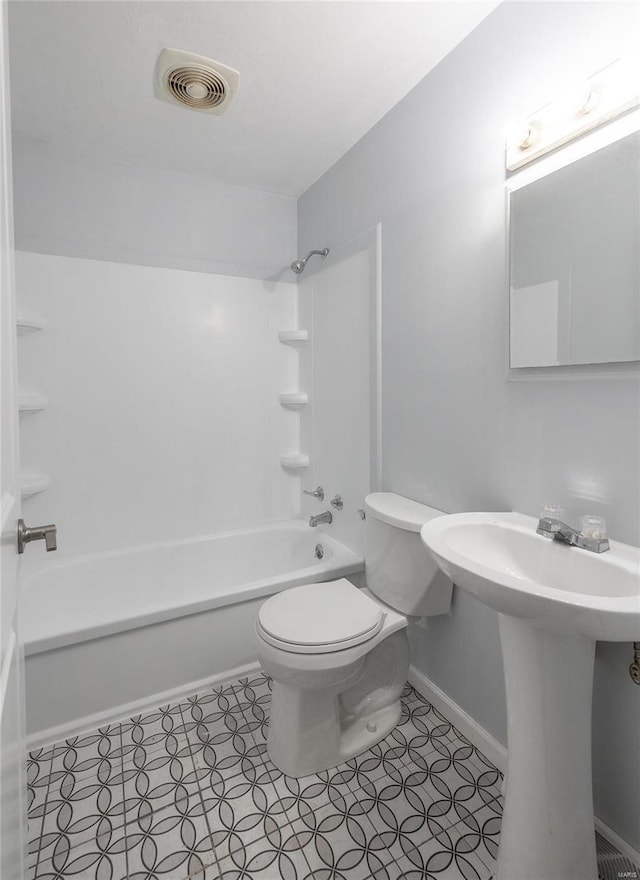 full bath with toilet, shower / bath combination, visible vents, and tile patterned floors