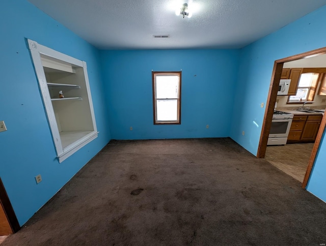 interior space featuring a textured ceiling, visible vents, dark carpet, and a wealth of natural light