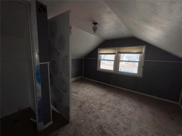 additional living space with lofted ceiling, a textured ceiling, carpet flooring, and baseboards