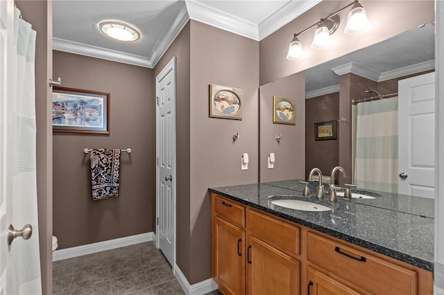 bathroom with tile patterned flooring, vanity, baseboards, a shower with curtain, and crown molding