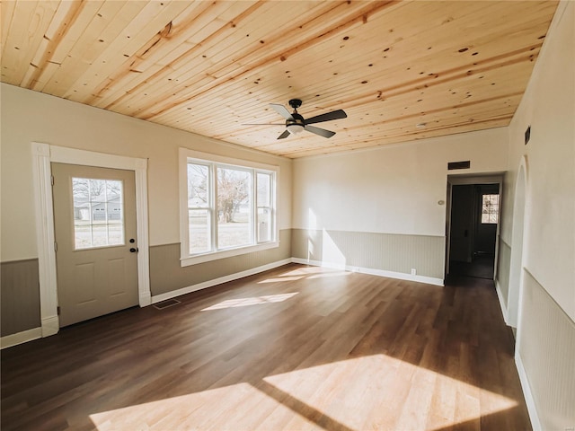 foyer with dark wood-type flooring, wood ceiling, a wainscoted wall, and visible vents