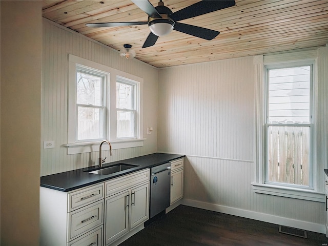 kitchen with visible vents, dishwasher, dark countertops, dark wood-type flooring, and a sink