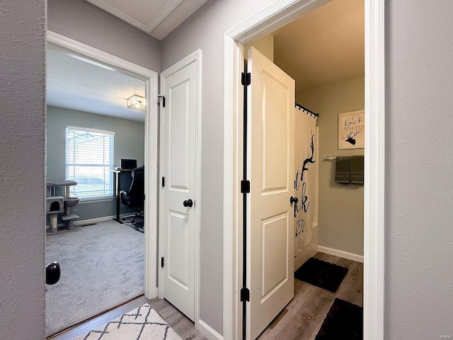 hall with light carpet, light wood finished floors, and baseboards