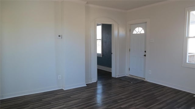 foyer with baseboards, plenty of natural light, ornamental molding, and dark wood-style flooring