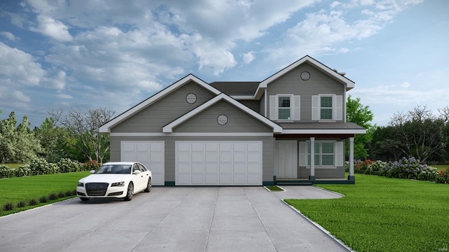 traditional-style house featuring an attached garage, concrete driveway, and a front yard