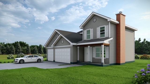 view of front facade with a front yard, driveway, a chimney, and an attached garage