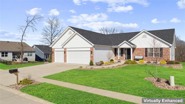 ranch-style home featuring brick siding, concrete driveway, a front yard, roof with shingles, and an attached garage