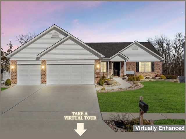 ranch-style house with driveway, a yard, an attached garage, brick siding, and central AC unit