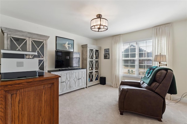 interior space featuring baseboards and light carpet