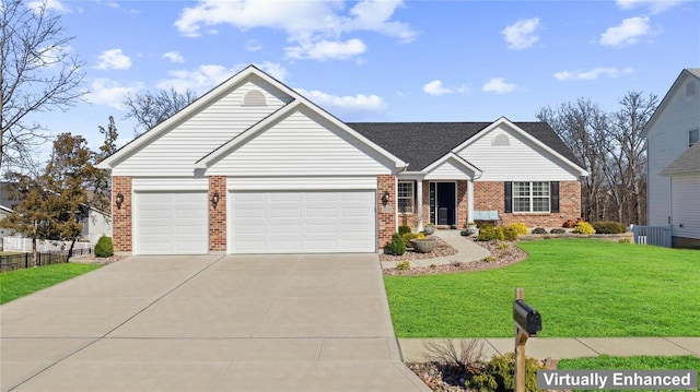 ranch-style house featuring fence, driveway, an attached garage, a front lawn, and brick siding