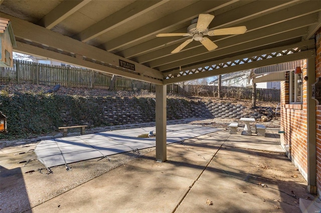 view of patio with a ceiling fan and a fenced backyard