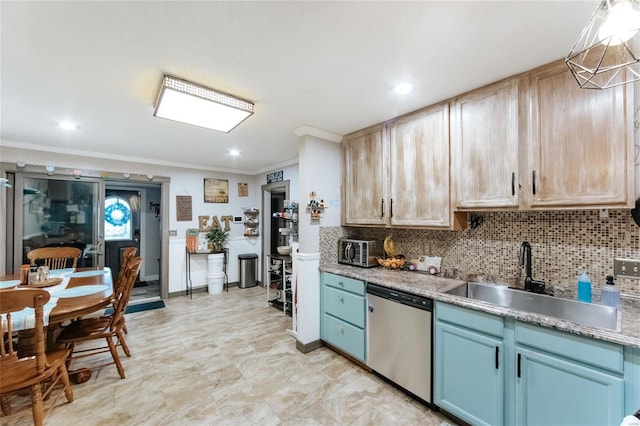 kitchen featuring blue cabinets, a sink, stainless steel dishwasher, tasteful backsplash, and crown molding