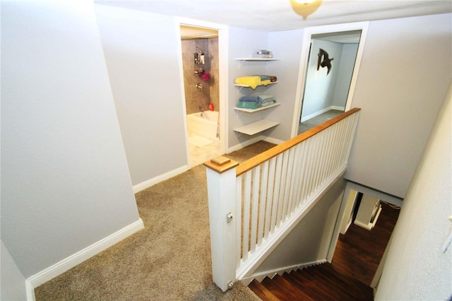 staircase featuring carpet and baseboards