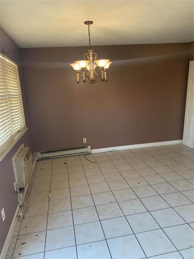 unfurnished room with baseboards, baseboard heating, a wall mounted air conditioner, and an inviting chandelier