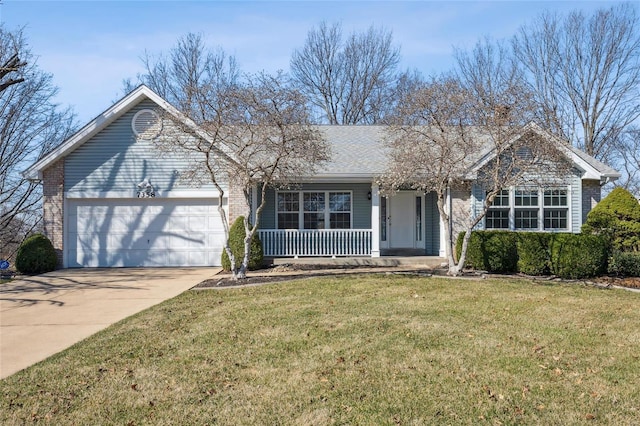 ranch-style home with driveway, covered porch, an attached garage, a front yard, and brick siding