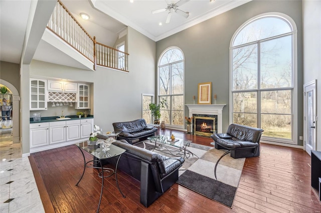 living area featuring a warm lit fireplace, dark wood-style flooring, a towering ceiling, ornamental molding, and a dry bar