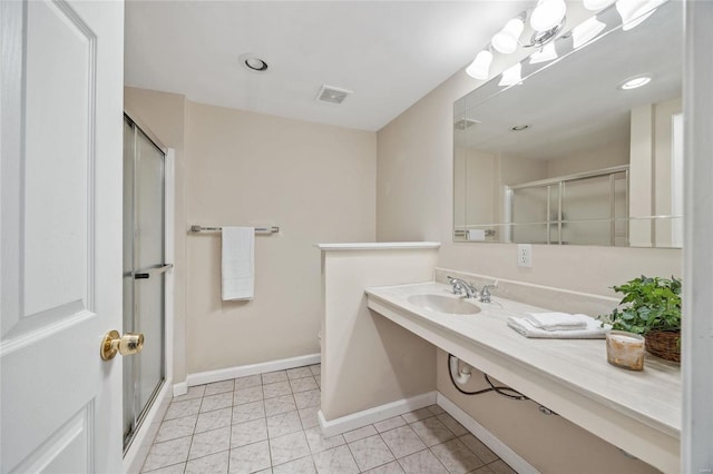 full bath featuring visible vents, baseboards, tile patterned floors, vanity, and a shower stall