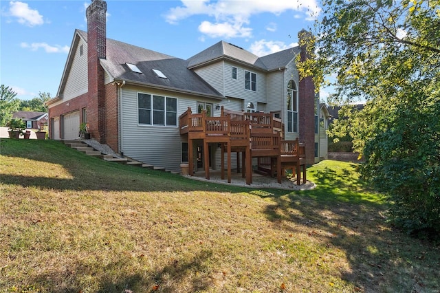 rear view of property featuring a deck, a yard, a chimney, and stairs