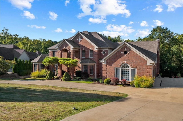 view of front facade featuring brick siding, a chimney, and a front yard