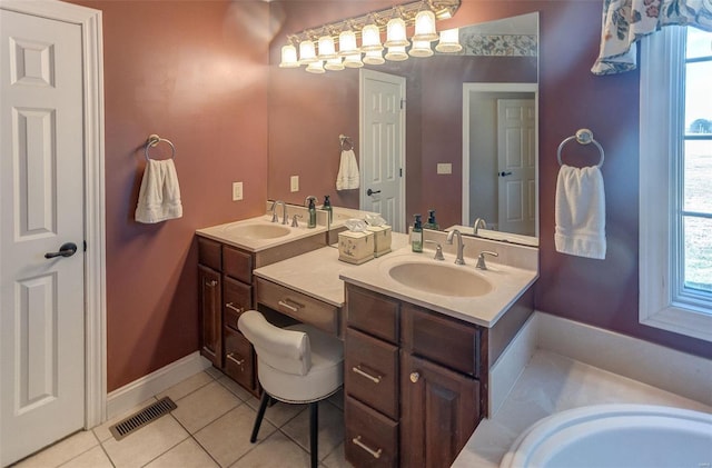 bathroom with a sink, visible vents, double vanity, and tile patterned flooring