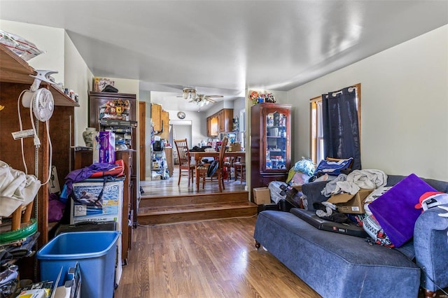 living room featuring ceiling fan and wood finished floors