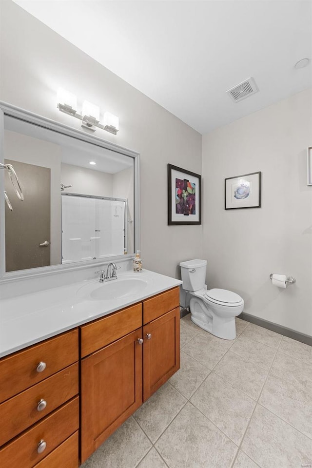 full bathroom with visible vents, a shower, toilet, tile patterned floors, and vanity