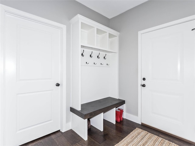 mudroom featuring baseboards and dark wood-style flooring