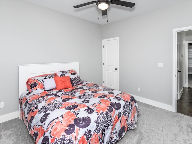 bedroom featuring carpet, baseboards, and ceiling fan