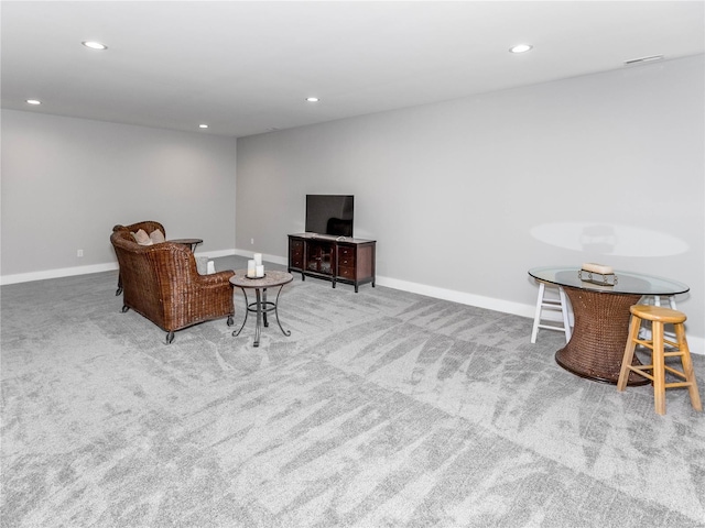 sitting room featuring visible vents, recessed lighting, baseboards, and carpet floors