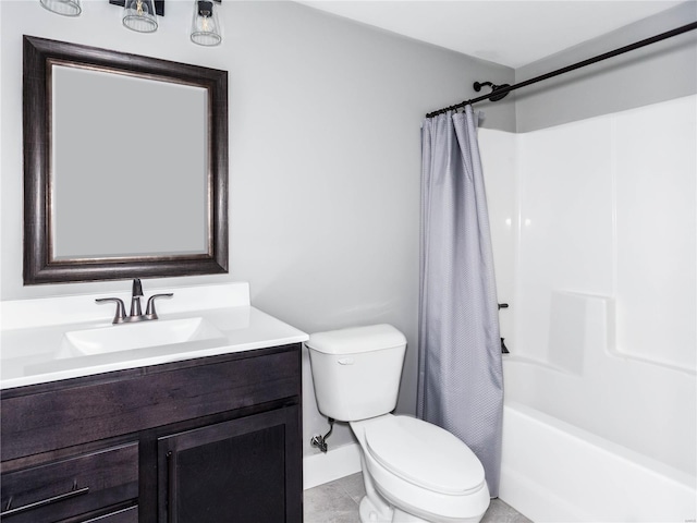 bathroom with tile patterned floors, shower / bath combo with shower curtain, toilet, and vanity