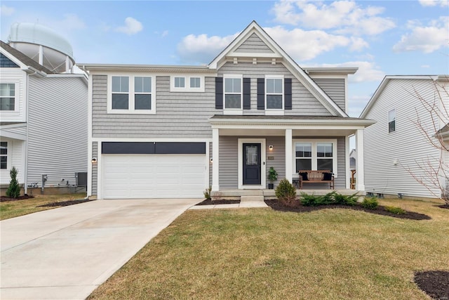 view of front facade featuring driveway, a garage, a porch, central AC, and a front yard