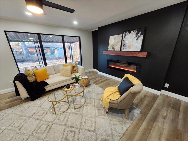 living room with baseboards, wood finished floors, and a glass covered fireplace