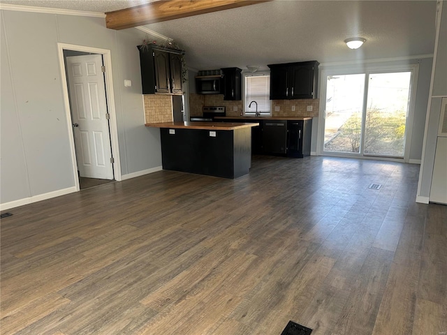 kitchen featuring appliances with stainless steel finishes, dark wood finished floors, a sink, and a peninsula